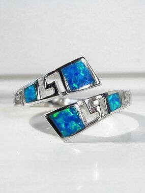 925 STERLING SILVER Lab Created Blue Fire Opal Bypass Ring